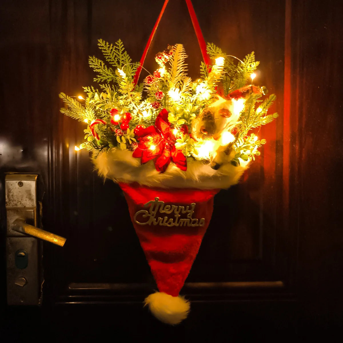 Noël Aiguilles de Pin Artificielles Pour Porte d'Entrée Chapeau Pendentif Porte Santa Couronne de Noël Décoration d'Arbre de Noël Ornements de Noël
