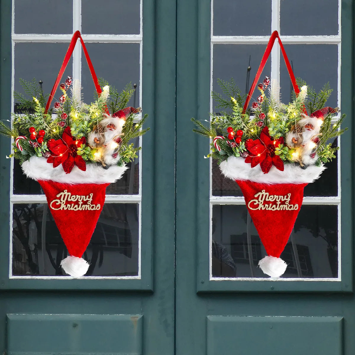 Noël Aiguilles de Pin Artificielles Pour Porte d'Entrée Chapeau Pendentif Porte Santa Couronne de Noël Décoration d'Arbre de Noël Ornements de Noël